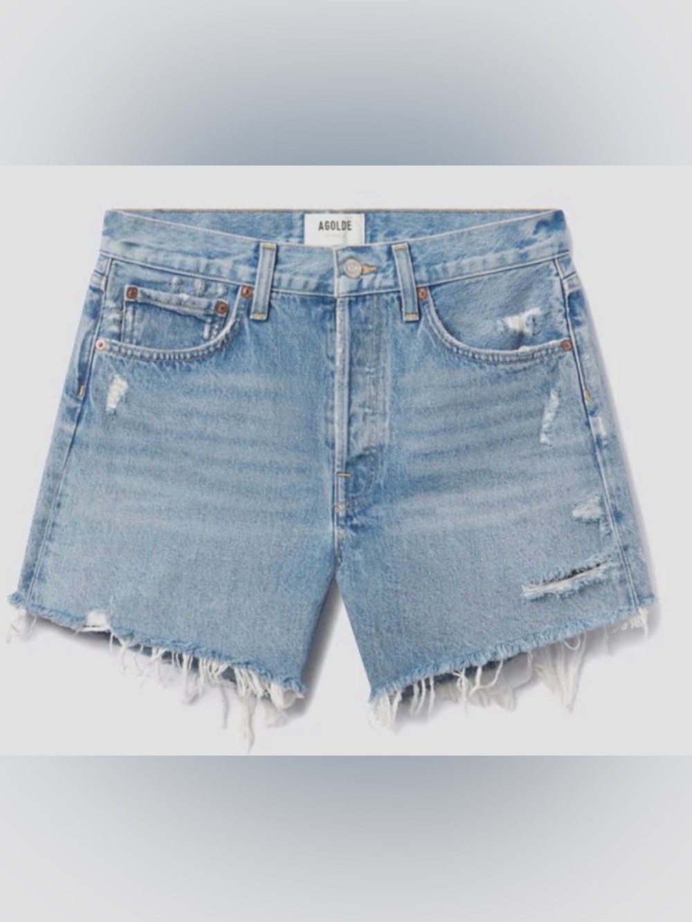 NWT Agolde Parker Long Swapmeet Light Blue Distressed Denim Cutoff Shorts SZ 27 - Picture 8 of 16